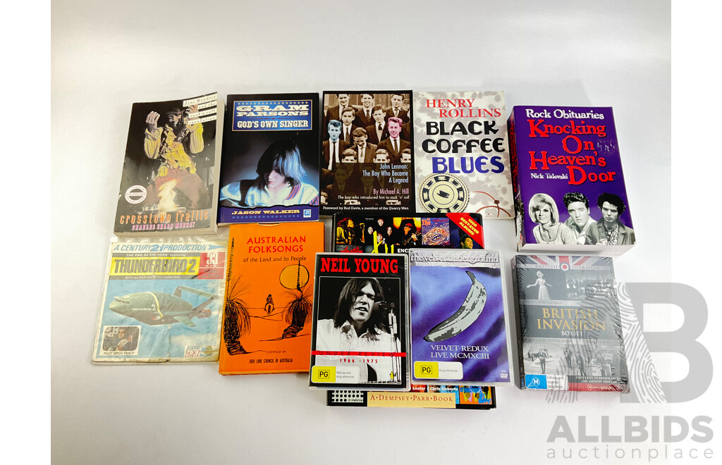 Collection of Rock and Roll Books and DVDs Including Rock Obituaries, John Lennon, Henry Rollins, Gram Parsons and Australian Folksongs of the Land and It's People and More