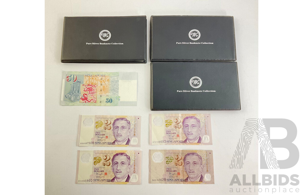 Collection of Singapore Bank Notes, Two and Fifty Includes Bank Note Folder Albums