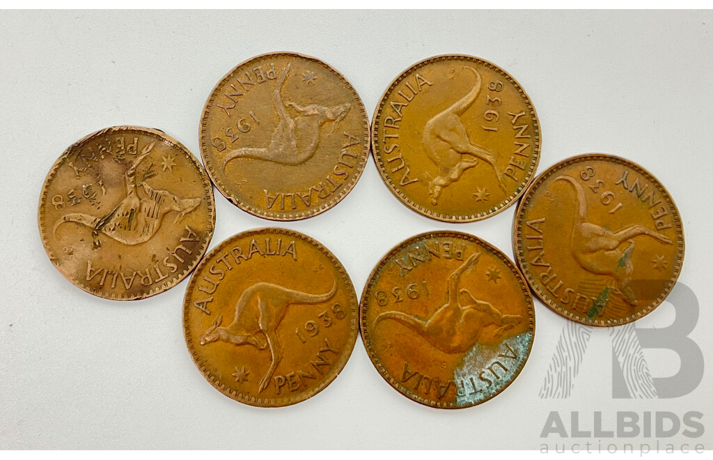 Collection of Australian 1938 Pennies (6)