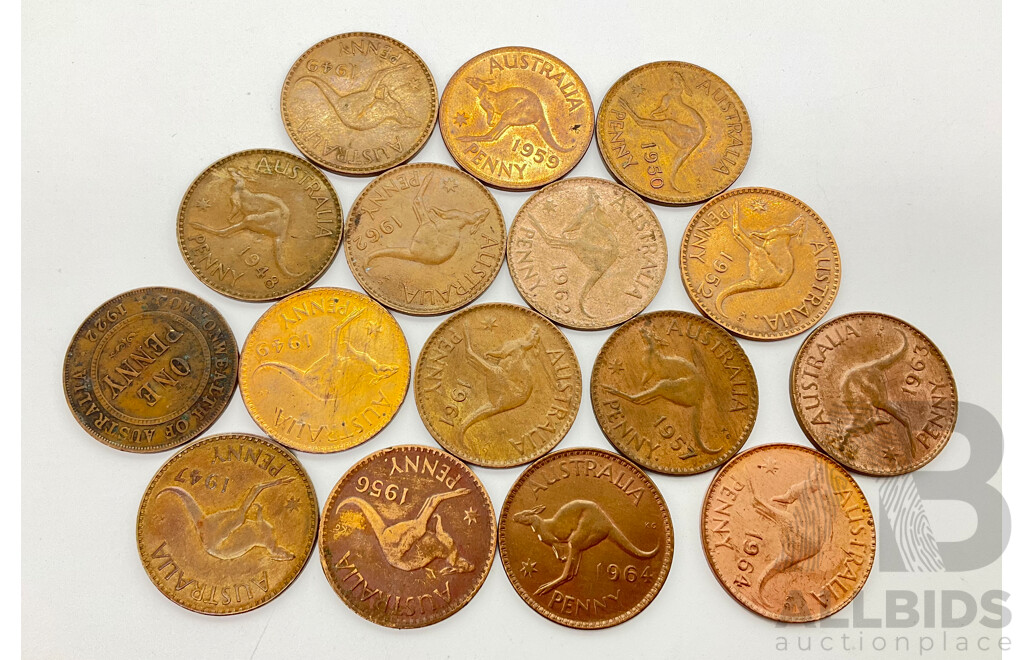 Collection of Australian Pennies Including Years 1922, 1949, 1950, 1956, 1957, 1961, 1962, 1963, 1964 and More (16)