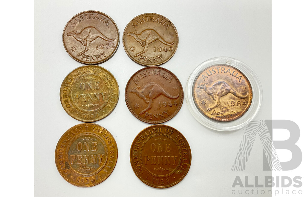 Australian Pennies Including 1944 No Dot, 1920 Plain Penny, 1964 UNC, 1952 Special , 1920 (7)