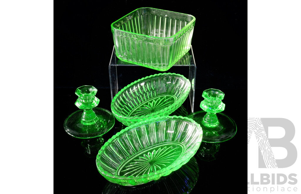 Collection Five Antique Uranium Glass Items Including Pair Candle Holders, Pair Elongated Dishes and More