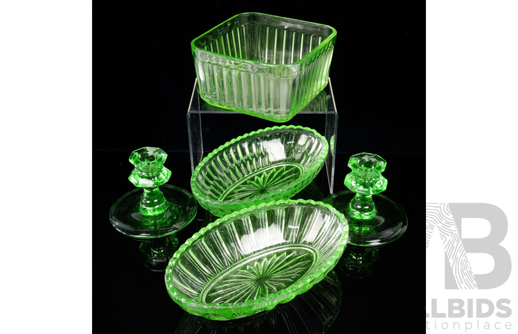 Collection Five Antique Uranium Glass Items Including Pair Candle Holders, Pair Elongated Dishes and More