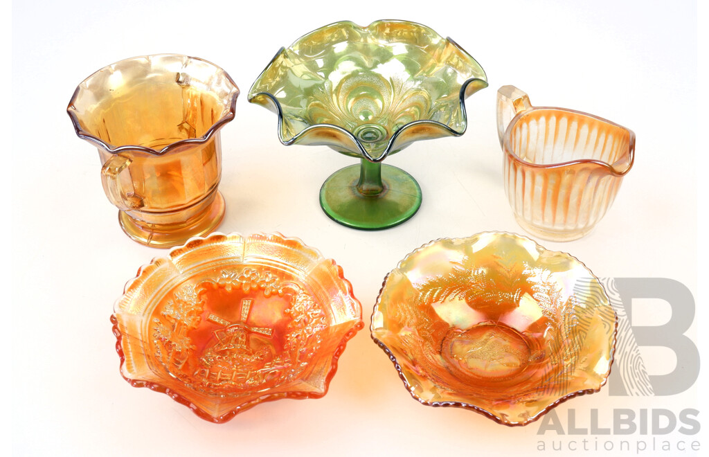 Collection Five Vintage Carnival Glass Pieces Including Fern and Kiwi Design Fluted Bowl, Windmill THemed Fluted Dish, Twin Handled Vase and More