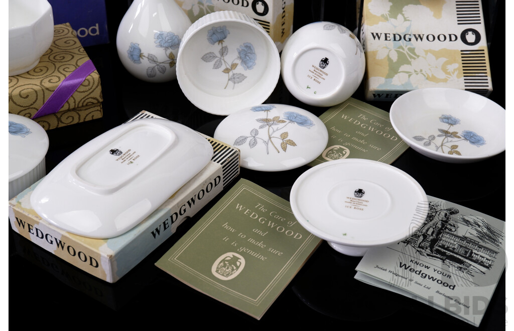 Collection Nine Wedgwood Ice Rose Design Pieces in Original Boxes Including Bud Vase, Candle Holder and More