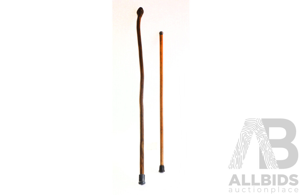 Two Antique Walking Sticks Including Silver Topped Example