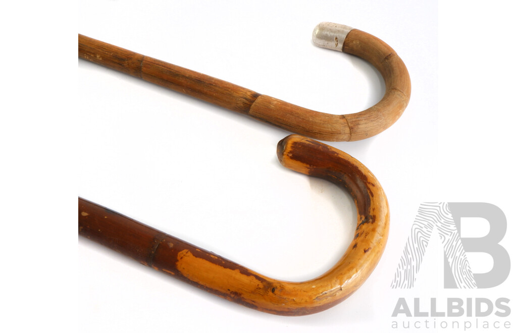 Two Antique Walking Sticks Including Example with Sterling Silver Tip and Finial, London, 1895