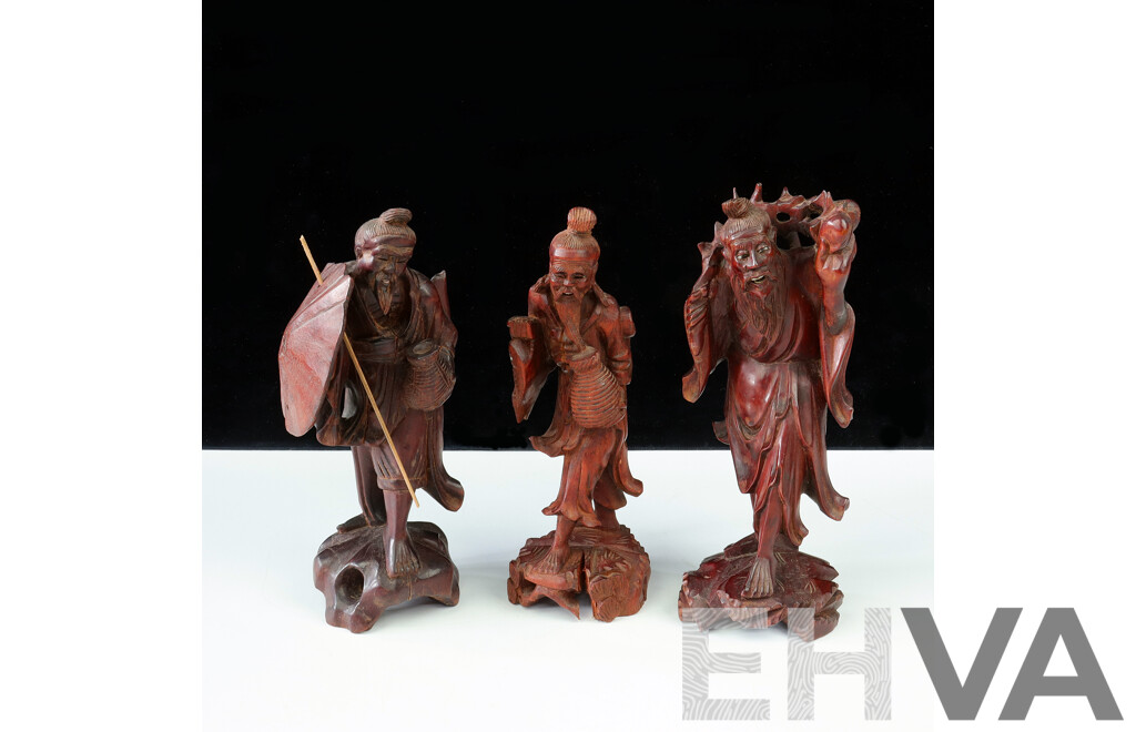 Collection Three Vintage Hand Carved Chinese Sage Figures