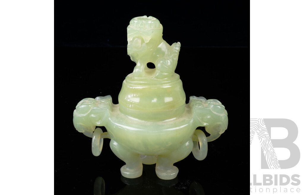 Chinese Hand Carved Serpentine Censure with Lion Dog Finial