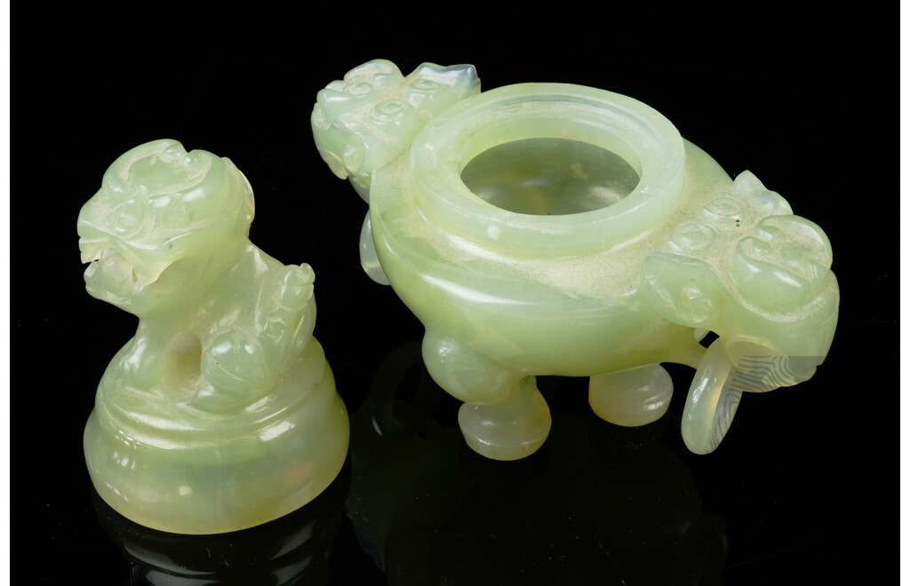 Chinese Hand Carved Serpentine Censure with Lion Dog Finial