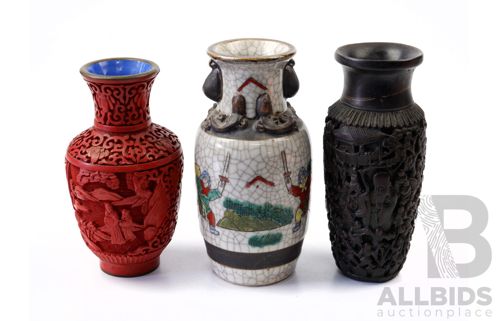Collection Three Chinese Vases Comprising Crackle Glazed Example with Marks to Base, Cinnabar Style and Dark Resin Example