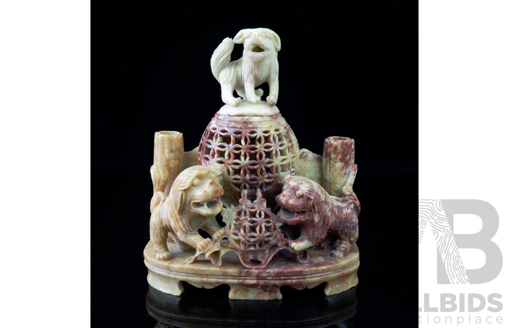Hand Carved Chinese Soft Stone Sculptural Censure or Incense Burner with Lion Dog Motif