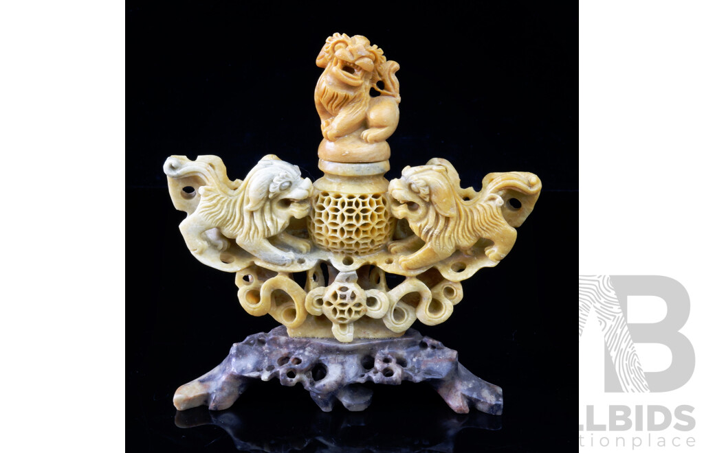 Hand Carved Chinese Soft Stone Sculptural Censure or Incense Burner with Lion Dog Motif