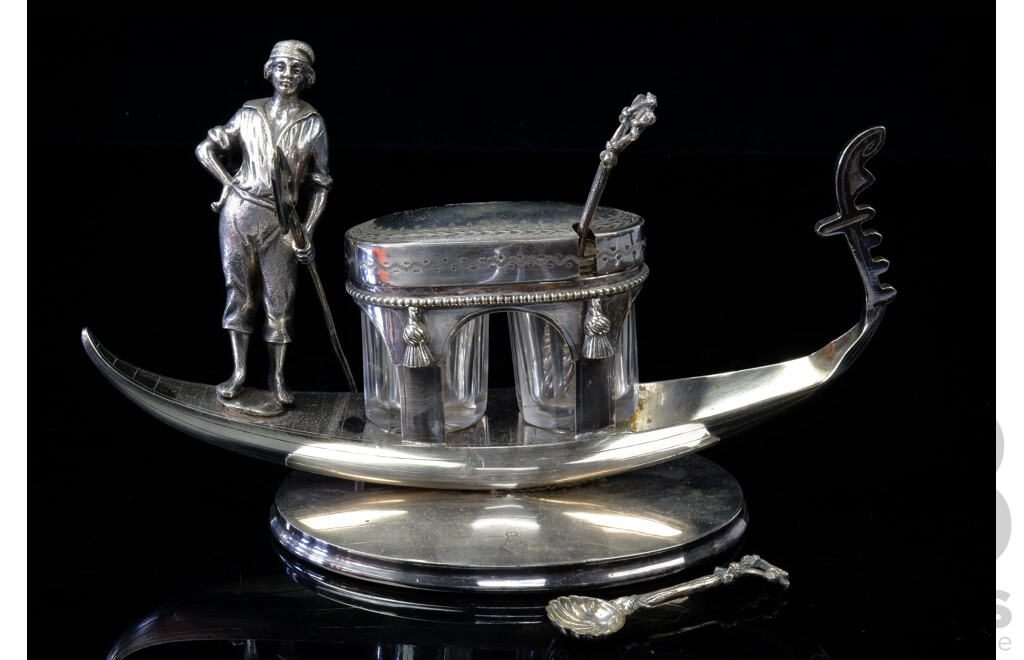 Cool Silver Plate Gondola Form Condiment Set with Two Glass Vessels and Scallop Form Spoon