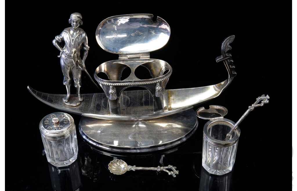 Cool Silver Plate Gondola Form Condiment Set with Two Glass Vessels and Scallop Form Spoon