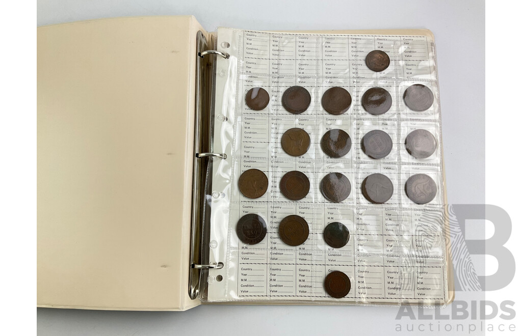 Coin Collection Folder Containing Australian and International Coins Including Pre Decimal, Pennies/Half Pennies, Phone Tokens and More