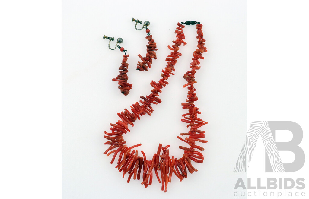 Vintage Coral Necklace, 40cm with Matching 60mm Drop Screw Back Clip on Earrrings
