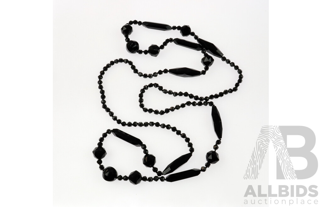 Vintage 1930's Continuous Strand of Faceted Cut Glass Beads - Black, 130cm, to Be Worn Doubled