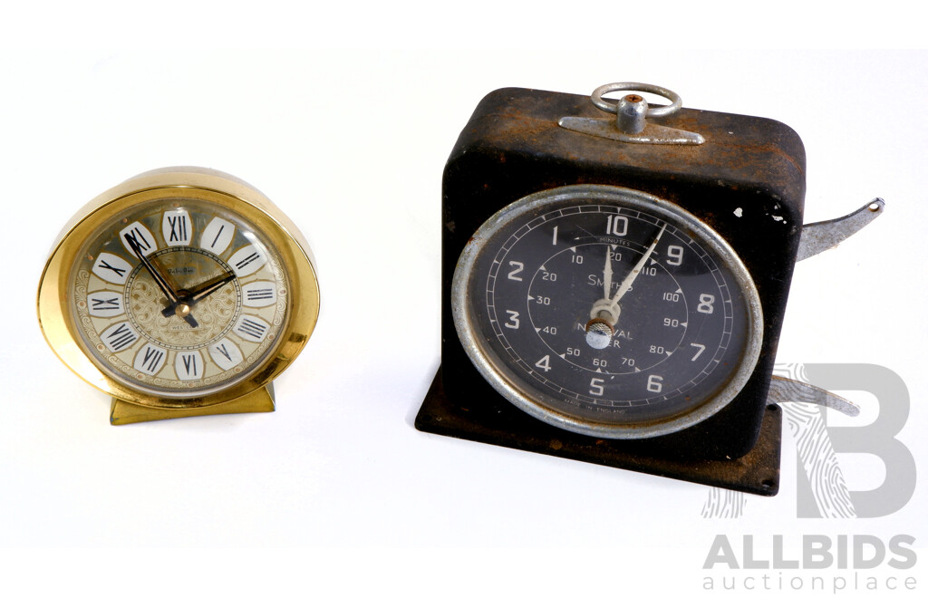 Vintage Smiths Interval Timer (England) and Westclox Baby Ben Alarm Clock, Made in Scotland