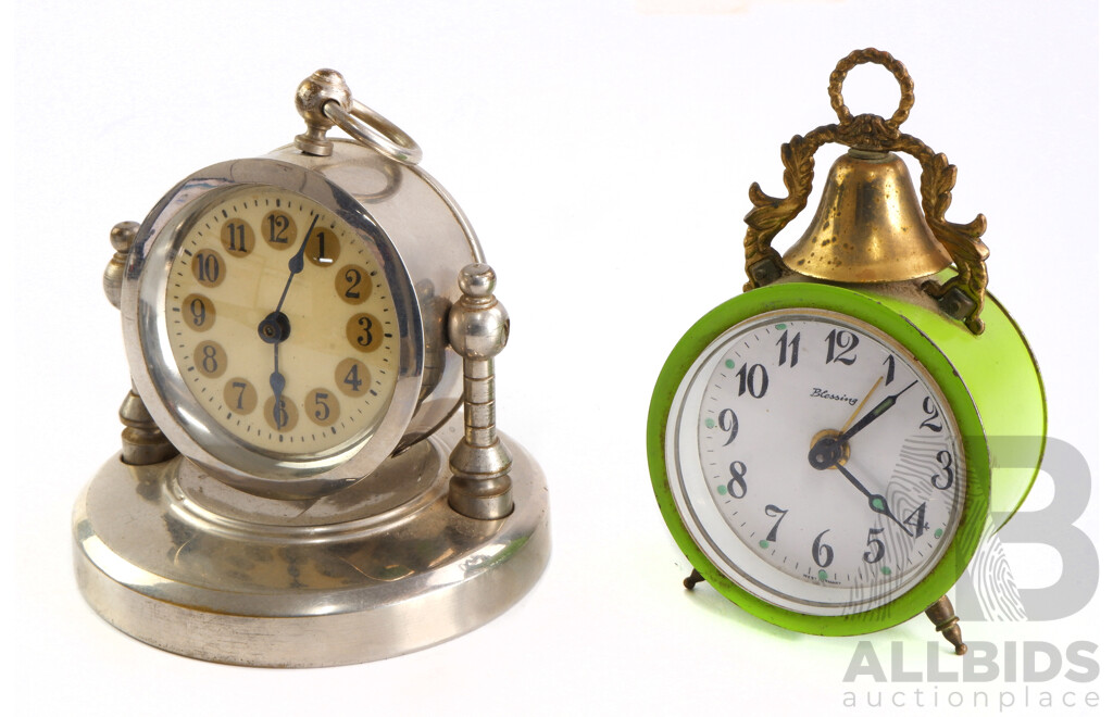 Vintage German Wind Up Clocks, Blessing Alarm and Chrome Floating