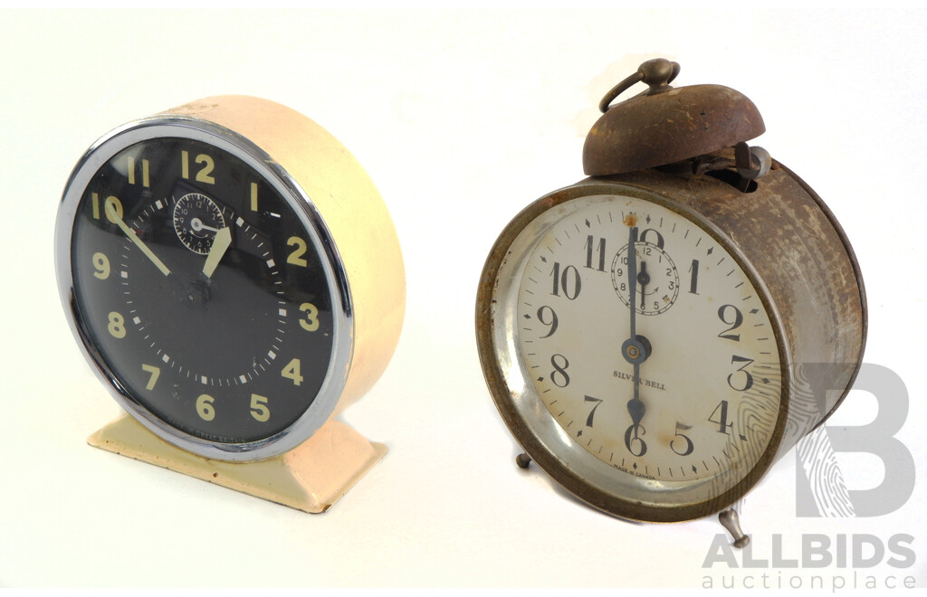 Vintage Wind Up Alarm Clocks, Silver Bell (Cananda) and Chrome Bezeled Made in Great Britain