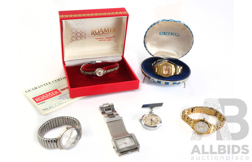 Collection of Women's Vintage and Modern Watches Including Myoko, DKNY, Seiko, Roamer and Felicia Junior 17 Jewels Nurses Fob Watch (6)