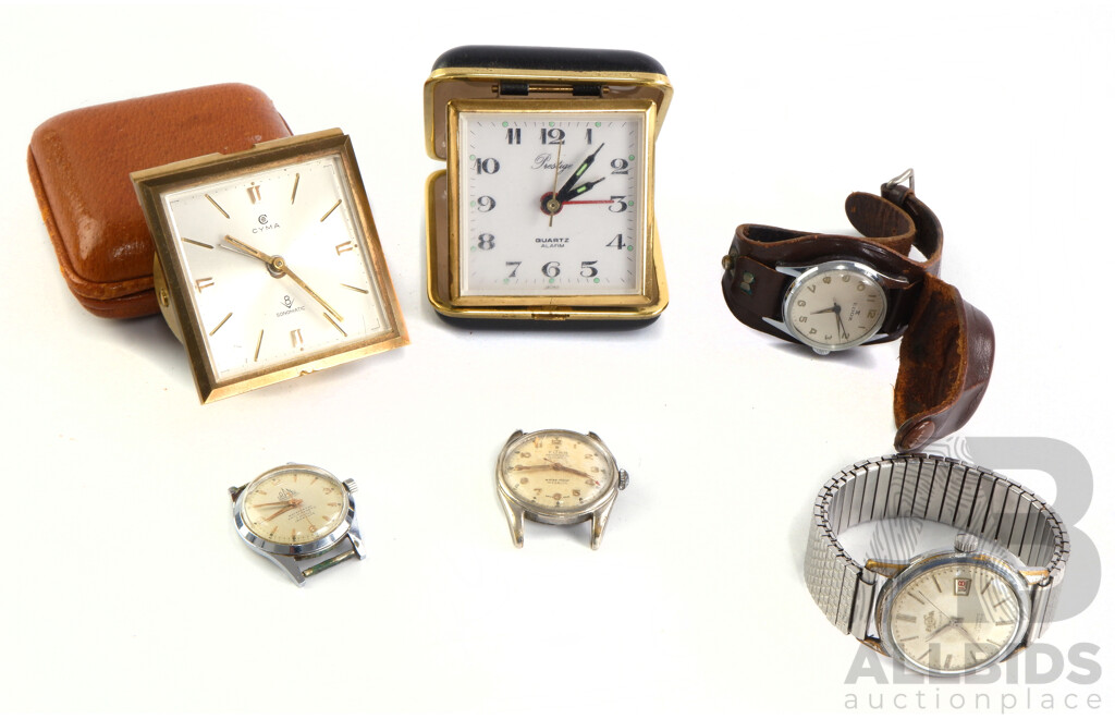 Collection of Vintage Time Pieces Including Enicar 17 Jewels, Titan 17 Jewels, Orano Magnificent, Edox with Leather Bund/Bezel Cover, Cyma V8 Sonomatic and Prestige Alarm Clock and