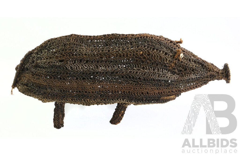 VIntage Hand Woven PNG Basket Pig Figure with Polychrome Decoration and Cowrie Shell Eyes