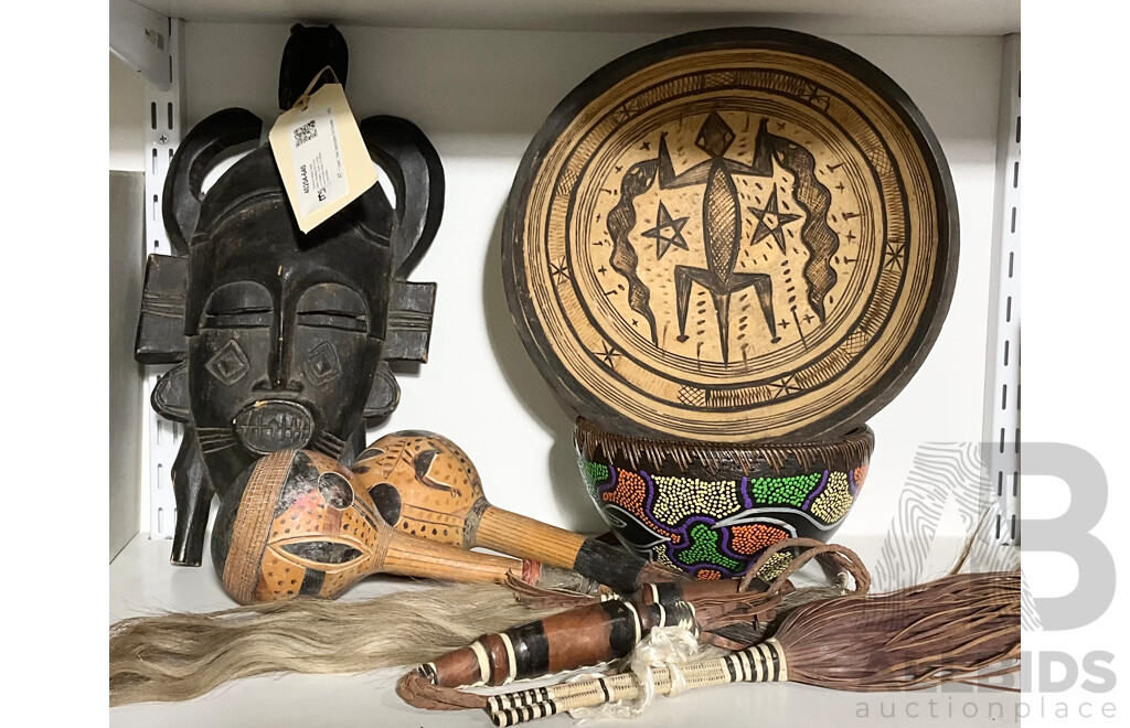 Collection African Tribal Items Including Pair of Gourd Shakers, Bowls, Congolese Wooden Mask, Fly Whisks and More