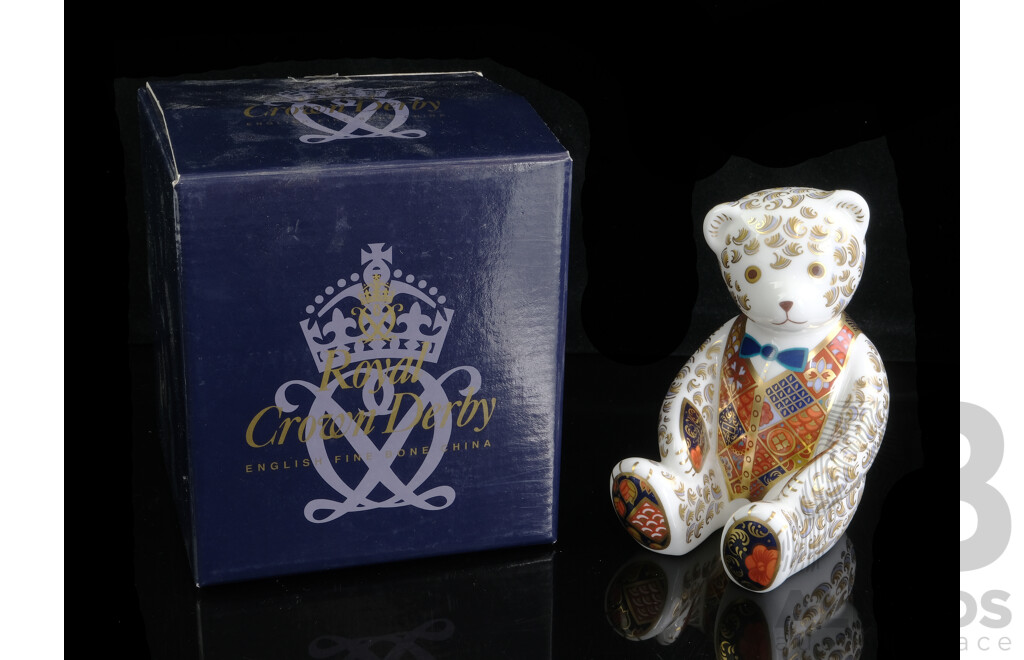 Royal Crown Derby Porcelain Teddy Bear Paperweight Figure From the Guild Collection in Box, Marks to Base