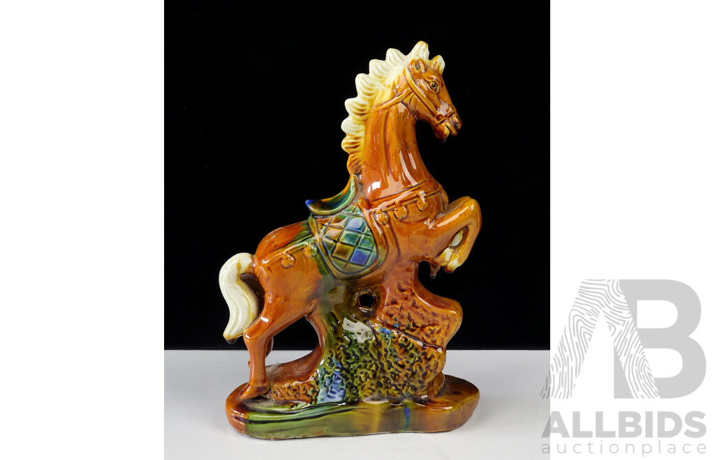 Chinese Hand Decorated Ceramic Tang Style Rearing Horse Figure