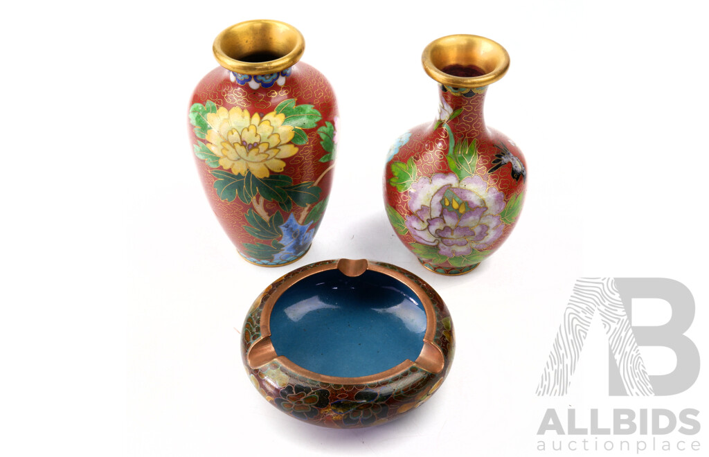 Collection Three Chinese Cloisonne Pieces Comprising Two Vases of Different Shapes & Ashtray