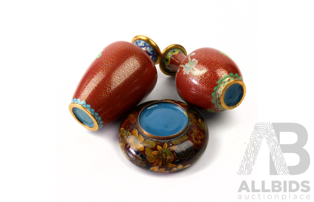 Collection Three Chinese Cloisonne Pieces Comprising Two Vases of Different Shapes & Ashtray