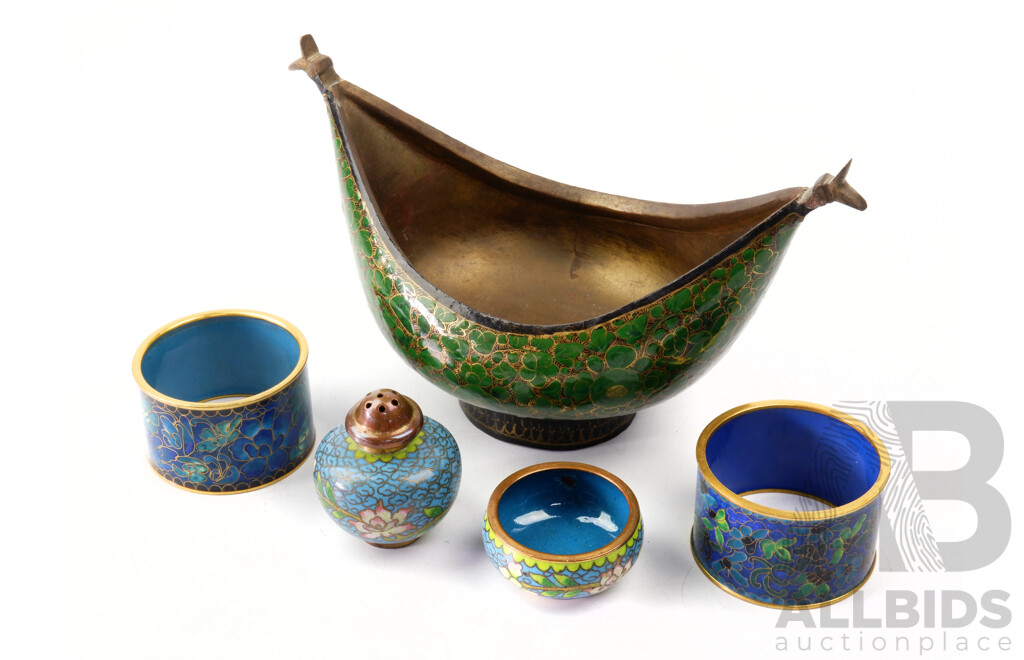 Collection Six Cloisonne Pieces Including Boat Form Kashmiri Example, Miniature Bowl and Salt Shaker, Egg and More