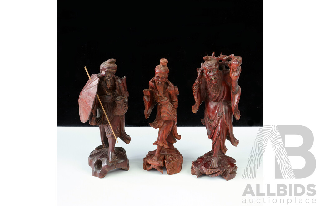 Collection Three Vintage Hand Carved Chinese Sage Figures