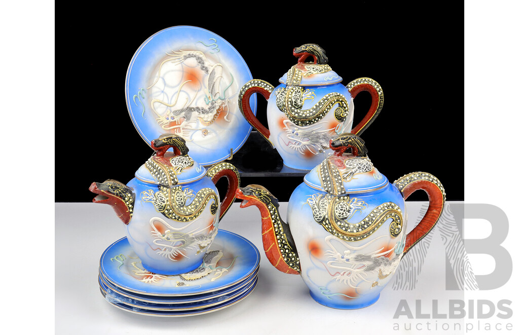 Vintage Eight Pieces Japanese Dragonware Comprising Two Lidded Teapots, Lidded Sugar Dish & Five Plates