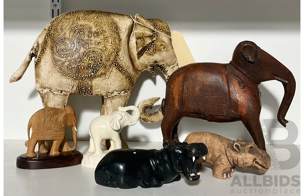 Collection Elephant Figures in Various Mediums Including Larger Tin Example, Large Wood Example and More