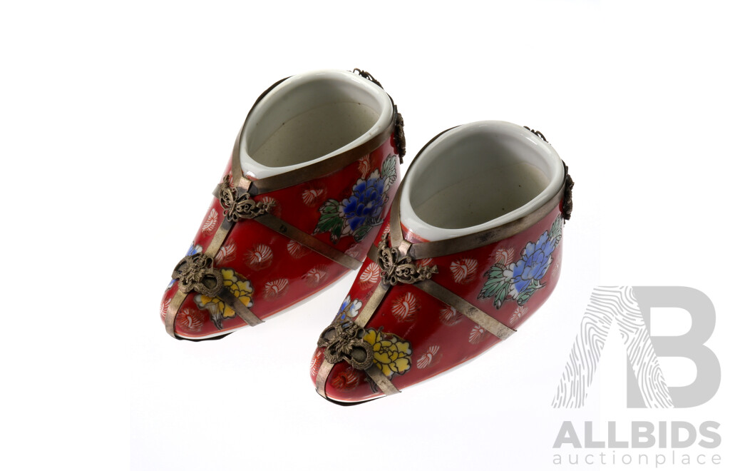 Pair Vintage Hand Decorated Chinese Porcelain Ceremonial Shoes with White Metal Trim, Marks to Inside