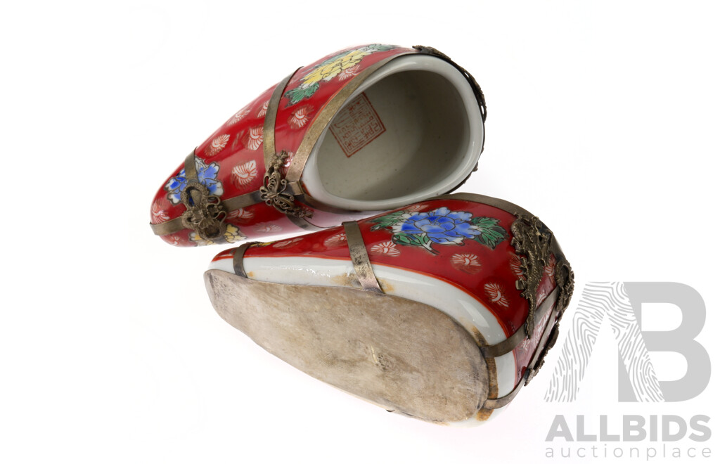 Pair Vintage Hand Decorated Chinese Porcelain Ceremonial Shoes with White Metal Trim, Marks to Inside