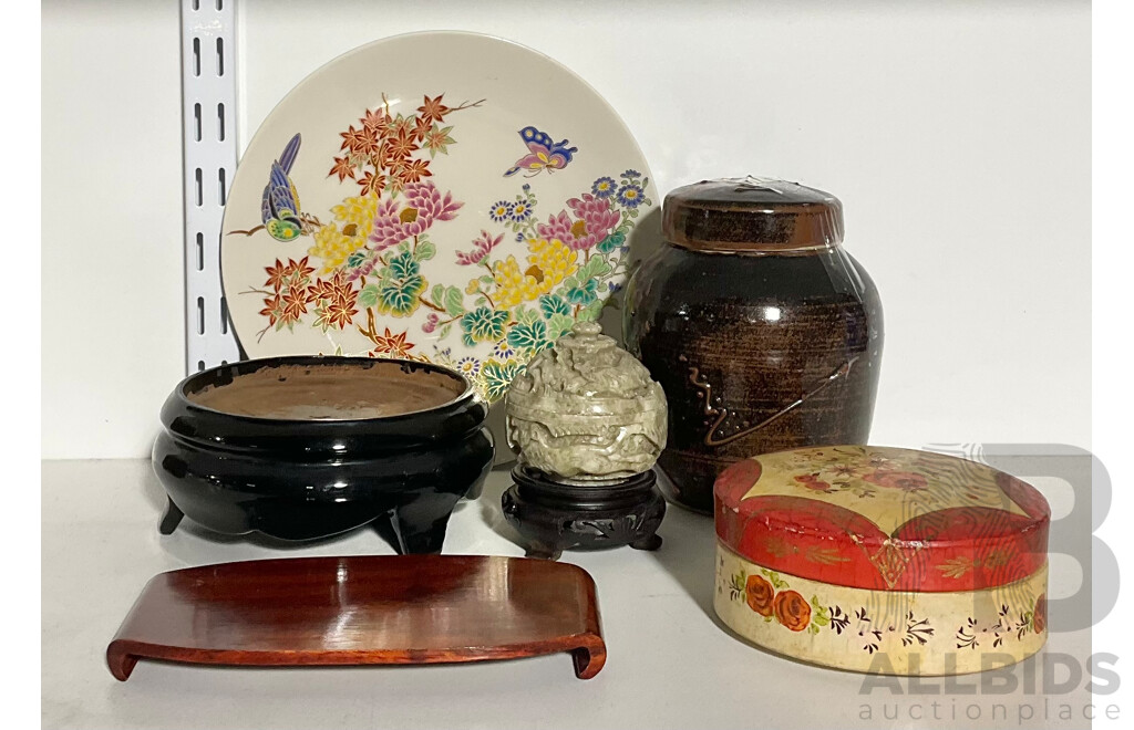 Collection Asian Decorator Items Including Two Hand Carved Wooden Stands, Set Six Japanese Lacquer Coasters in Case, HAnd Decorated Japanese Plate, Hand Carved Soft Stone Lidded Dish and More
