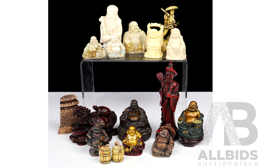 Collection Asian Hand Carved Resin Buddha and Sage Figures