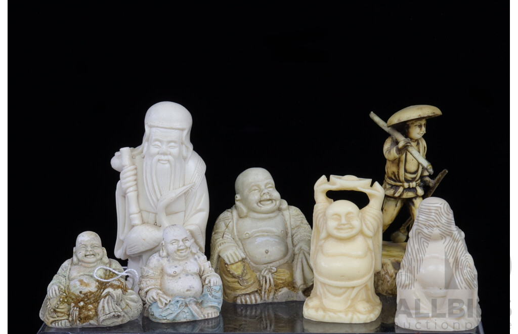 Collection Asian Hand Carved Resin Buddha and Sage Figures
