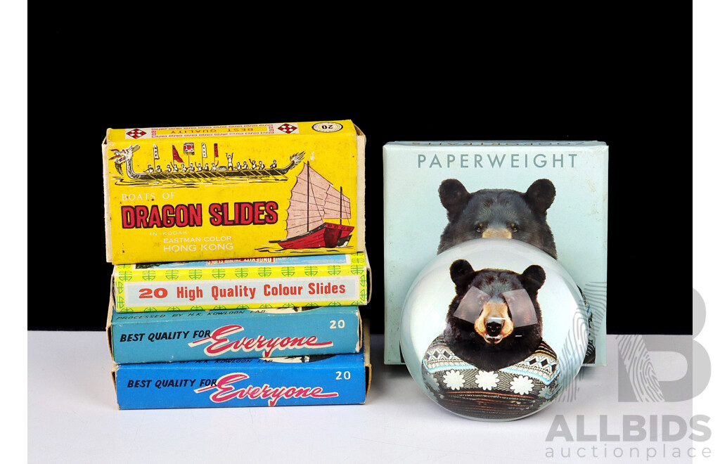 Collection Four Kodak Eastman 35mm Color Slides of Hong Kong Along with Bear Themed Glass Paperweight in Box