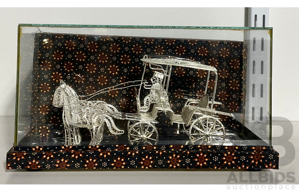 Hand MAde Intricate Wirework Horses with Carriage in Display Case