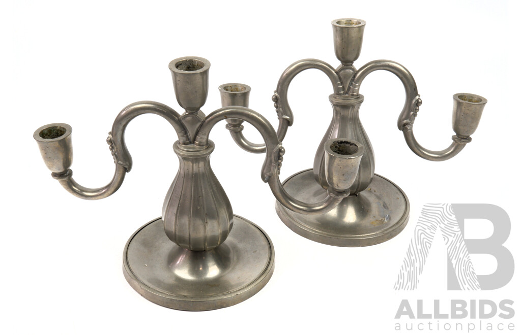 Pair Retro Pewter Three Candle Candle Holders by Gab Tenn Svensk Vara, Marks to Base