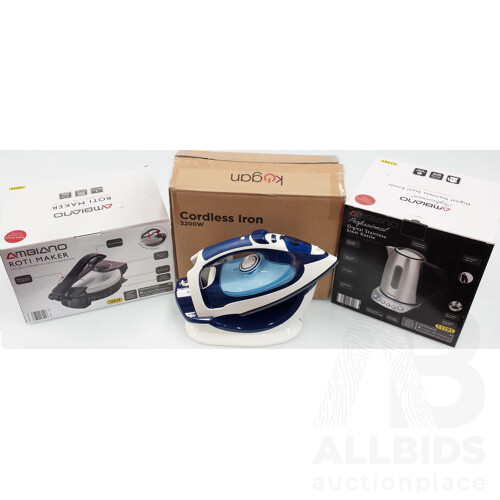 Ambiano Roti Maker, Ambiano Professional Stainless Steel Kettle and Kogan 2200 Watt Cordless Iron - Brand New