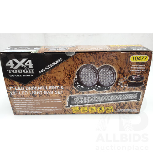 4x4 Tough 7 Inch LED Driving Light and 22 Inch LED Light Bar Set - New