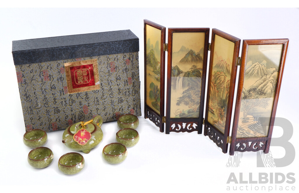 Chinese Hand Made Crystaline Green Crackle Glaze Tea Set Along with Four Section Minature Screen with Asian Scene
