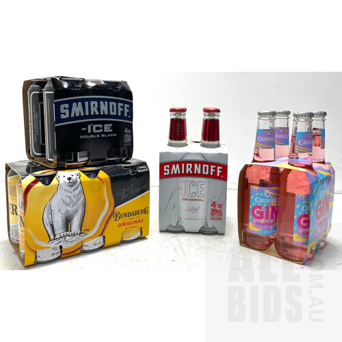 4 Smirnoff Ice Double Black, 4 Smirnoff Ice Original, 4 Cruiser Gin Raspberry, 6 Bundaberg Rum Original Cola