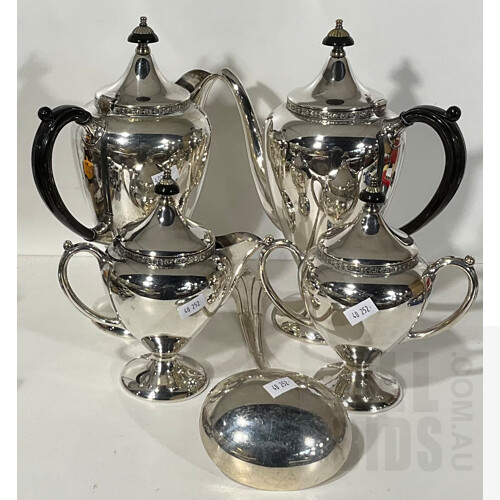 Vintage Triple Silver Plated Tea and Coffee Pot, and Sugar Pot and Creamer Set in Du Barry Pattern by Paramount of Australia, Alongside a Silver Plated Sheffield England Ladle